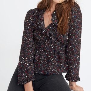 Madewell 100% Silk Starry Night Ruffle Wrap Blouse